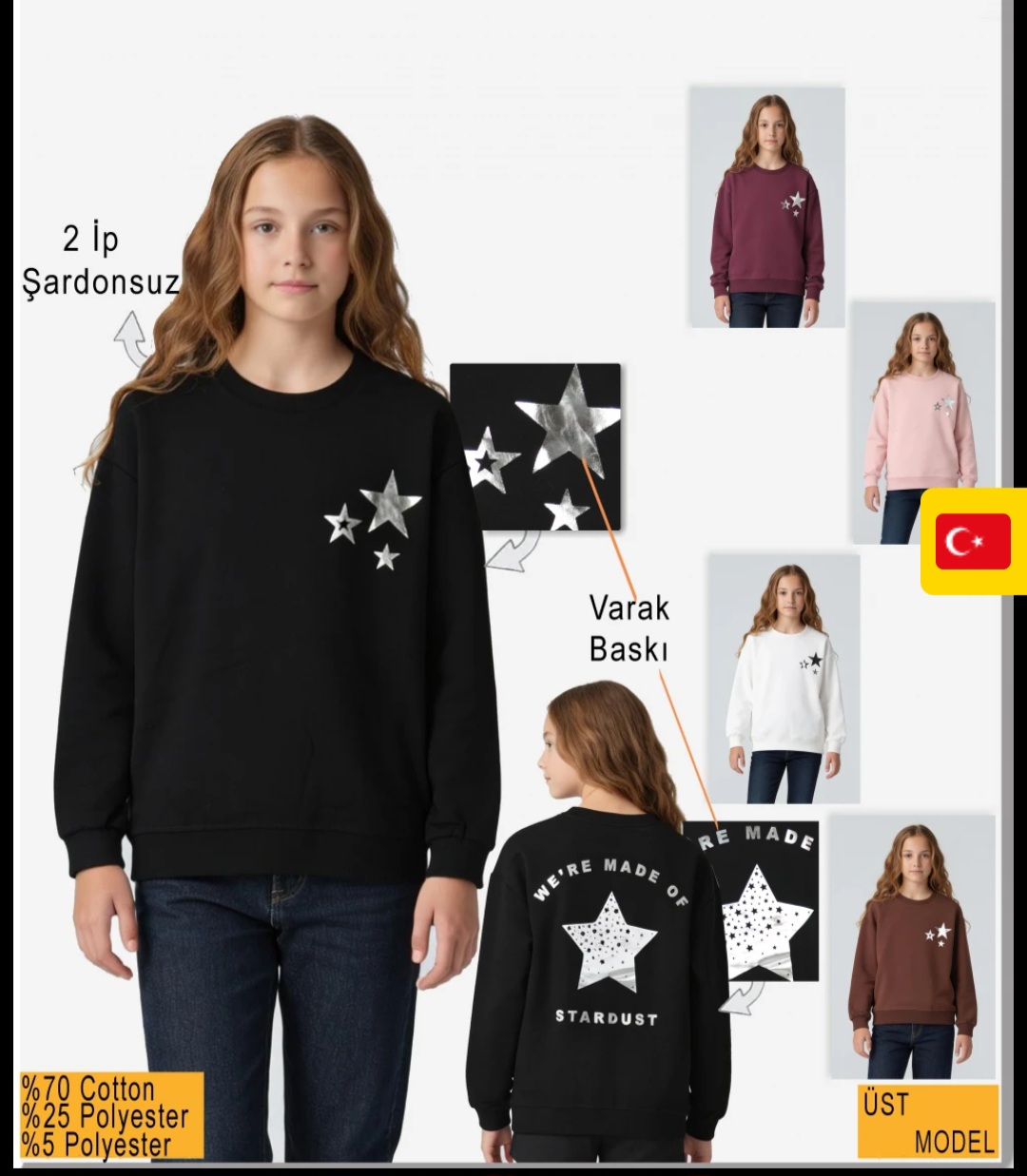 8324152 14-17 YAŞGES YILDIZ VE ARKASI BASKILI UZUN KOLLU SWEAT