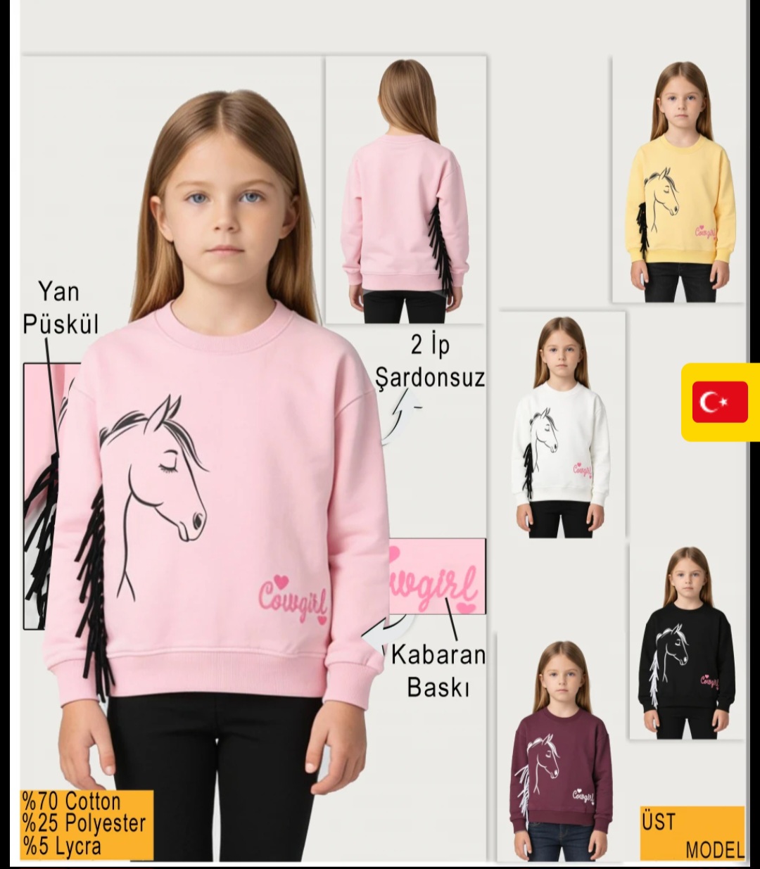 6324082 6-9 YAŞ ÇOCUK COWGİRL AT DETAYLI BASKILI U.KOL