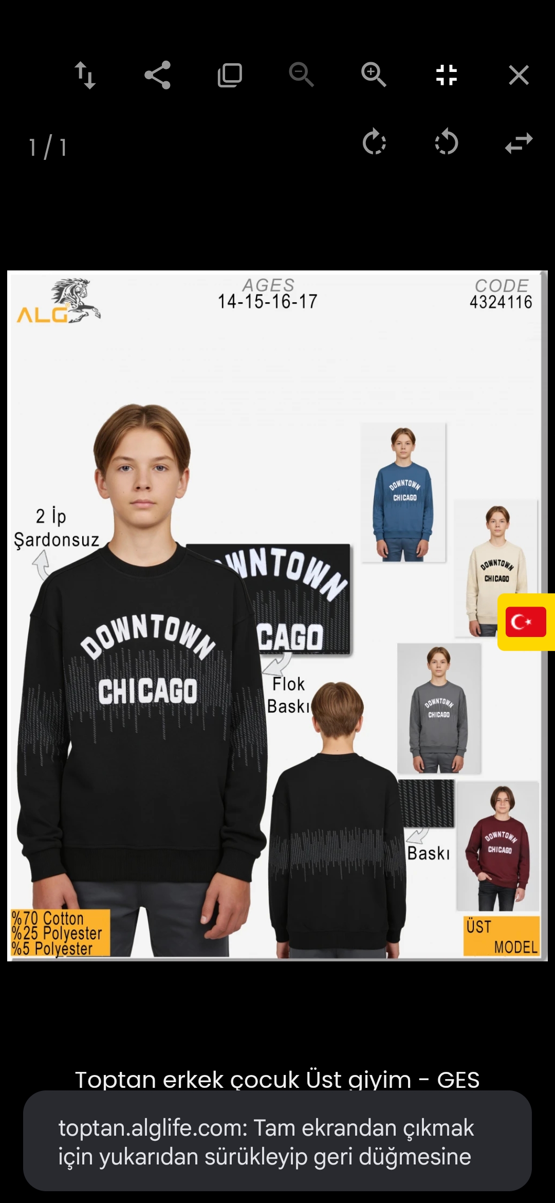 4324116 14-17 YAŞ GES DOWNTOWN CHICAGO BASKILI UZUN KOL SWEAT