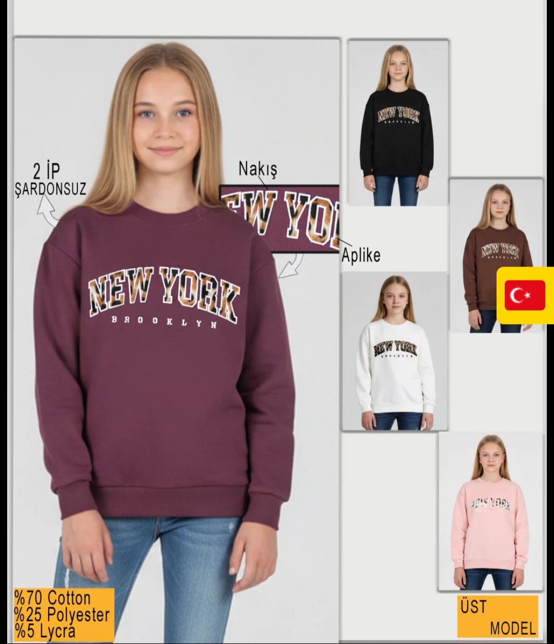 8324153 14-17 YAŞ GES NEW YORK BROOKLYN NAKIŞLI U.ZUN KOL SWEAT